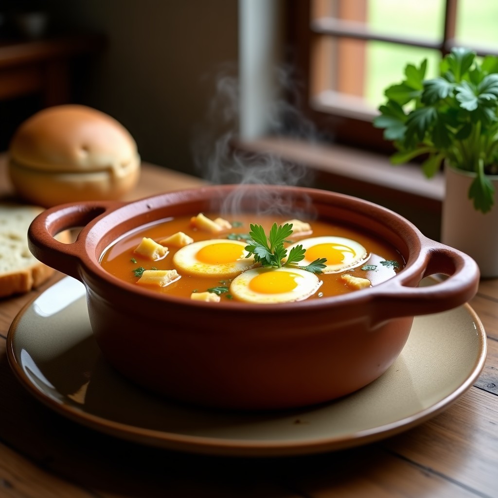 Cazuela de barro humeante con sopa de ajo castellano tradicional, huevos escalfados y trozos de pan, decorada con perejil fresco.