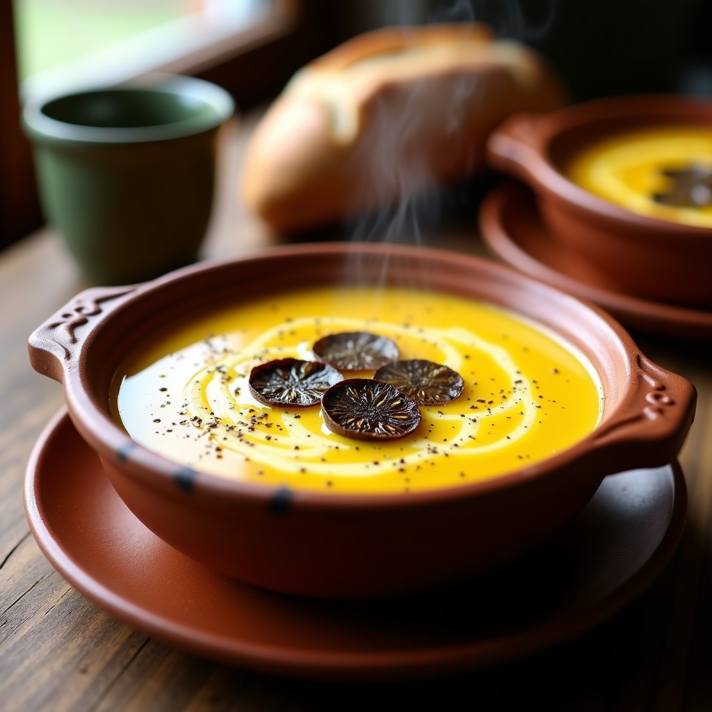 Cazuela de barro humeante con sopa de ajo castellano espesa, huevos cuajados en hebras, láminas de trufa negra y un hilo de aceite de oliva virgen extra, servida sobre una mesa de madera rústica.