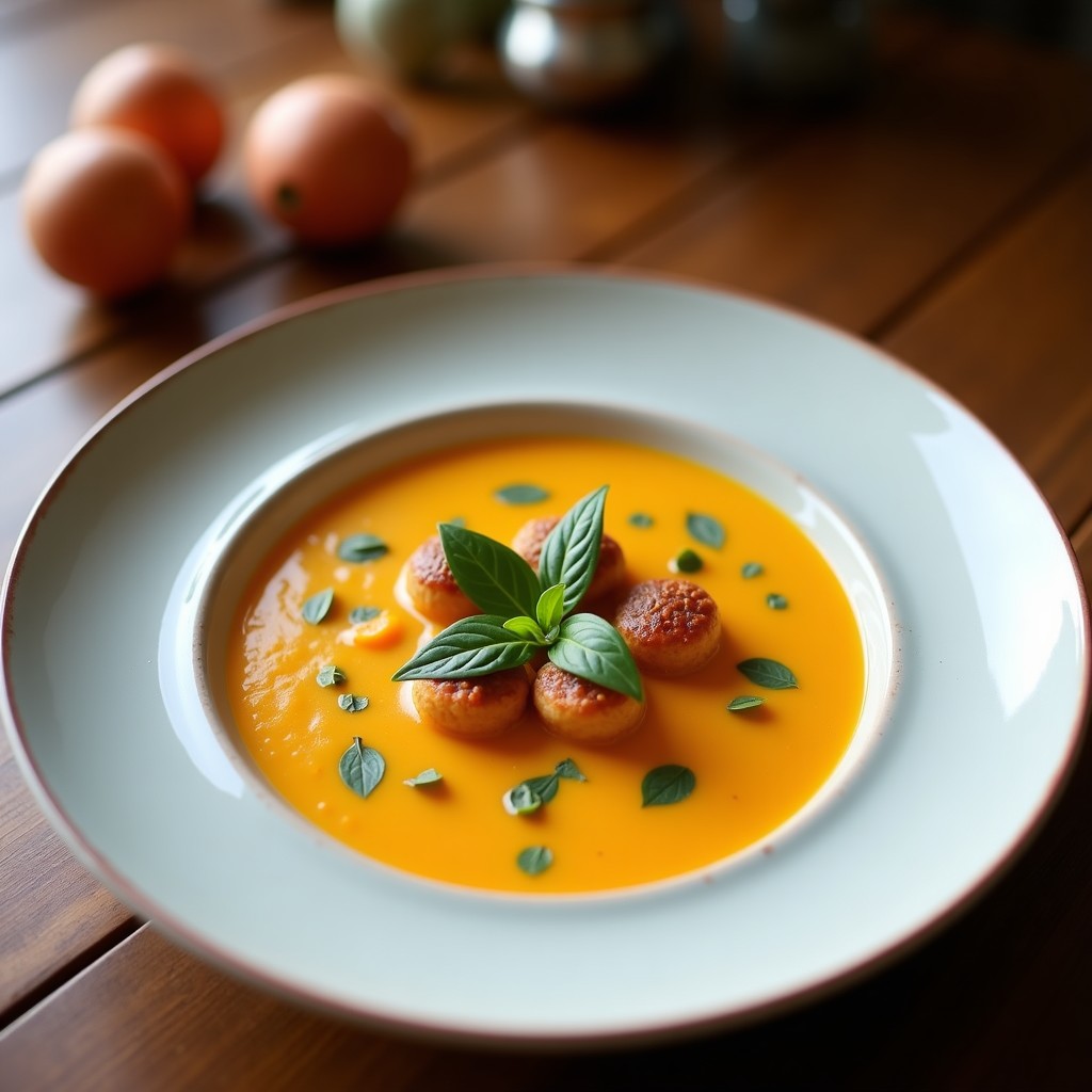 Cuenco hondo de cerámica negra con sopa de ajo castellano trufada, mostrando la capa inferior dorada y sedosa, y la superior con pan tostado, huevo cuajado y láminas de trufa negra. Fondo rústico con cucharón de madera.
