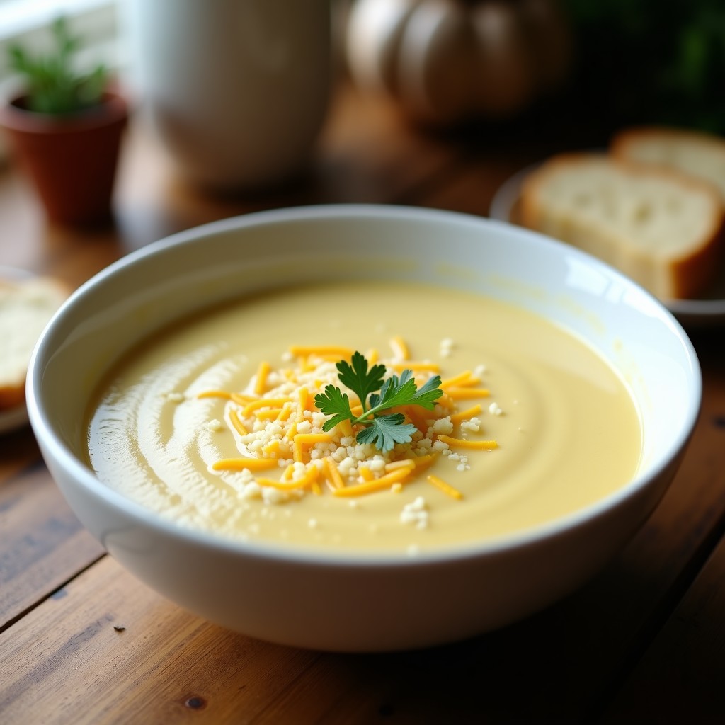 Cuenco hondo de cerámica blanca con sopa de ajo y coliflor keto cremosa, espolvoreada con queso parmesano rallado y perejil fresco, sobre fondo rústico de madera.