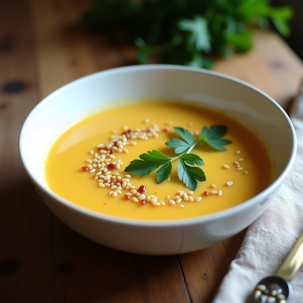 Cuenco de cerámica blanca con sopa de ajo negro y coliflor vegana, textura cremosa y espesa, decorada con perejil fresco y semillas de sésamo tostadas, sobre fondo de madera rústica.