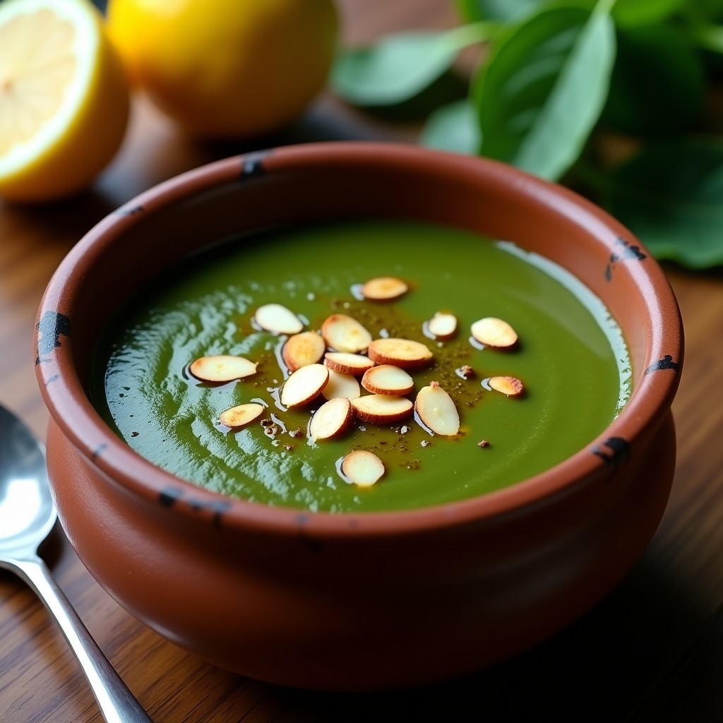 Sopa cremosa de ajo negro y espinacas servida en cuenco de barro, con espuma verde y decoración de virutas de almendra y aceite de oliva. Receta en airfryer.