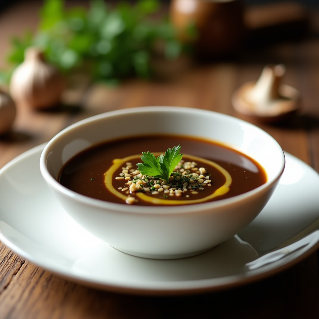 Cuenco de porcelana blanca con sopa cremosa de ajo negro y hongos portobello, decorada con perejil fresco y un hilo de aceite de oliva, sobre fondo rústico de madera.