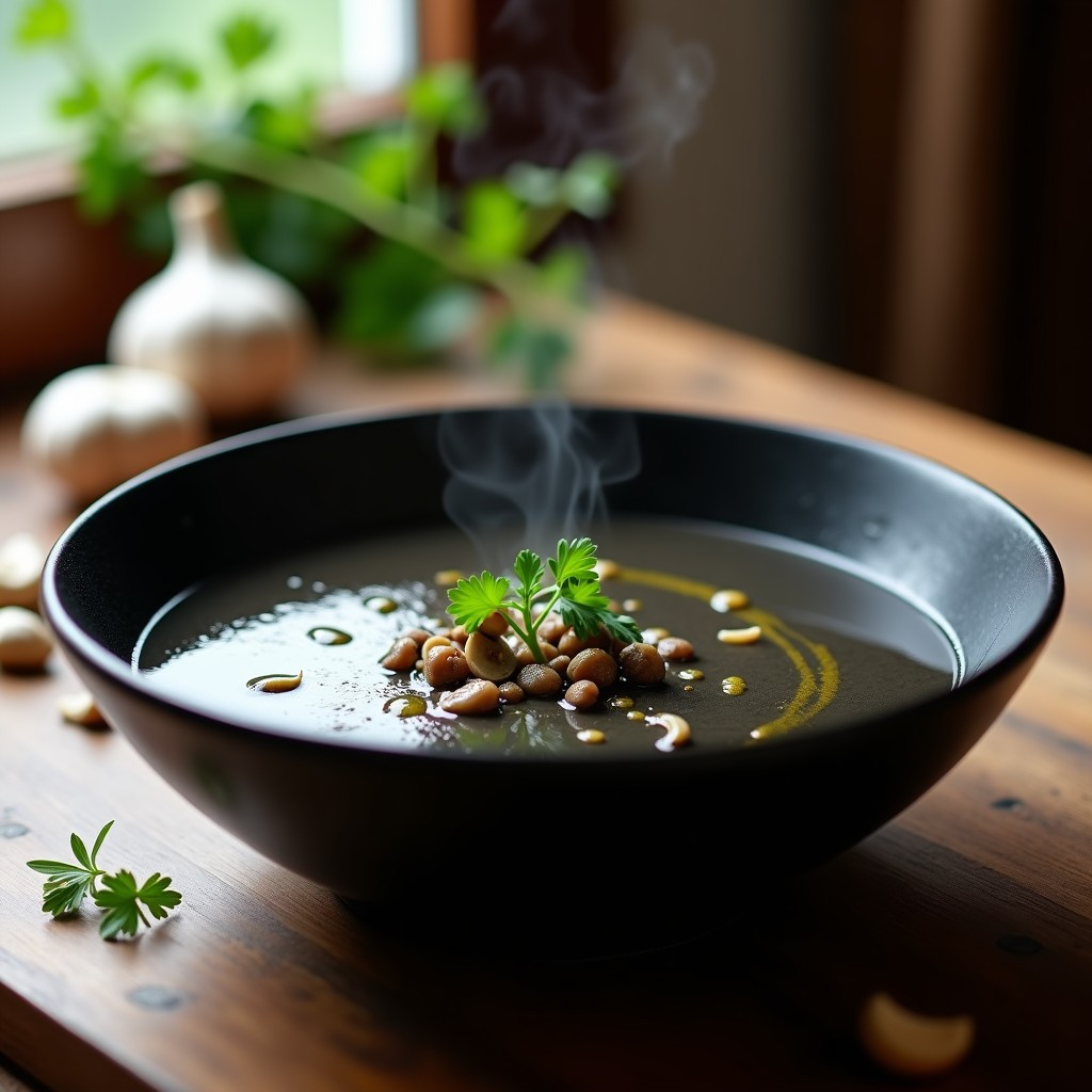 Cuenco de cerámica negra con sopa cremosa de ajo negro y hongos shimeji, decorada con perejil fresco y un hilo de aceite de oliva, sobre fondo rústico de madera.