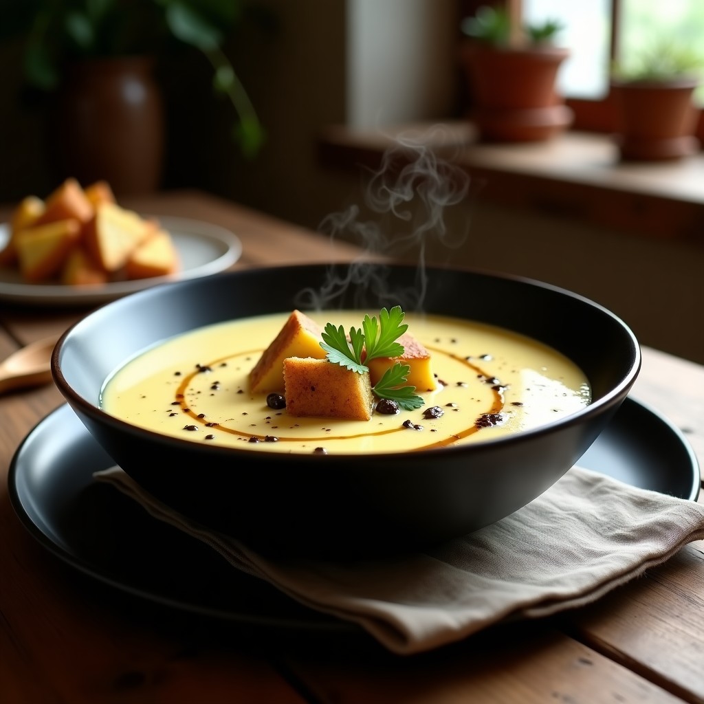 Cuenco de cerámica negra con sopa de ajo negro y patata trufada, cremosa y brillante, decorada con pan tostado, perejil fresco y un hilo de aceite de trufa, servida sobre una mesa rústica de madera.