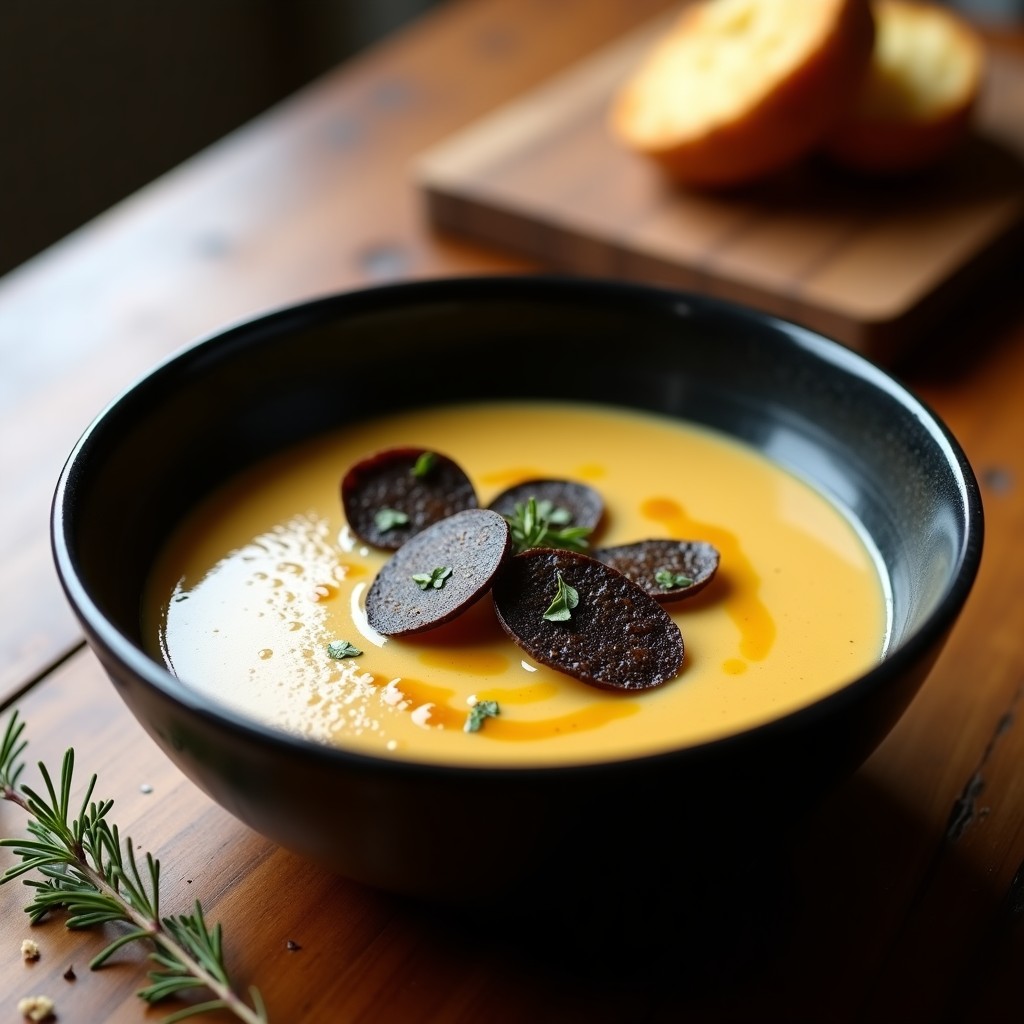 Cuenco hondo de cerámica negra con sopa cremosa de ajo negro y patata, decorada con láminas de trufa negra y un hilo de aceite de oliva virgen extra, sobre fondo rústico de madera con pan tostado al lado.
