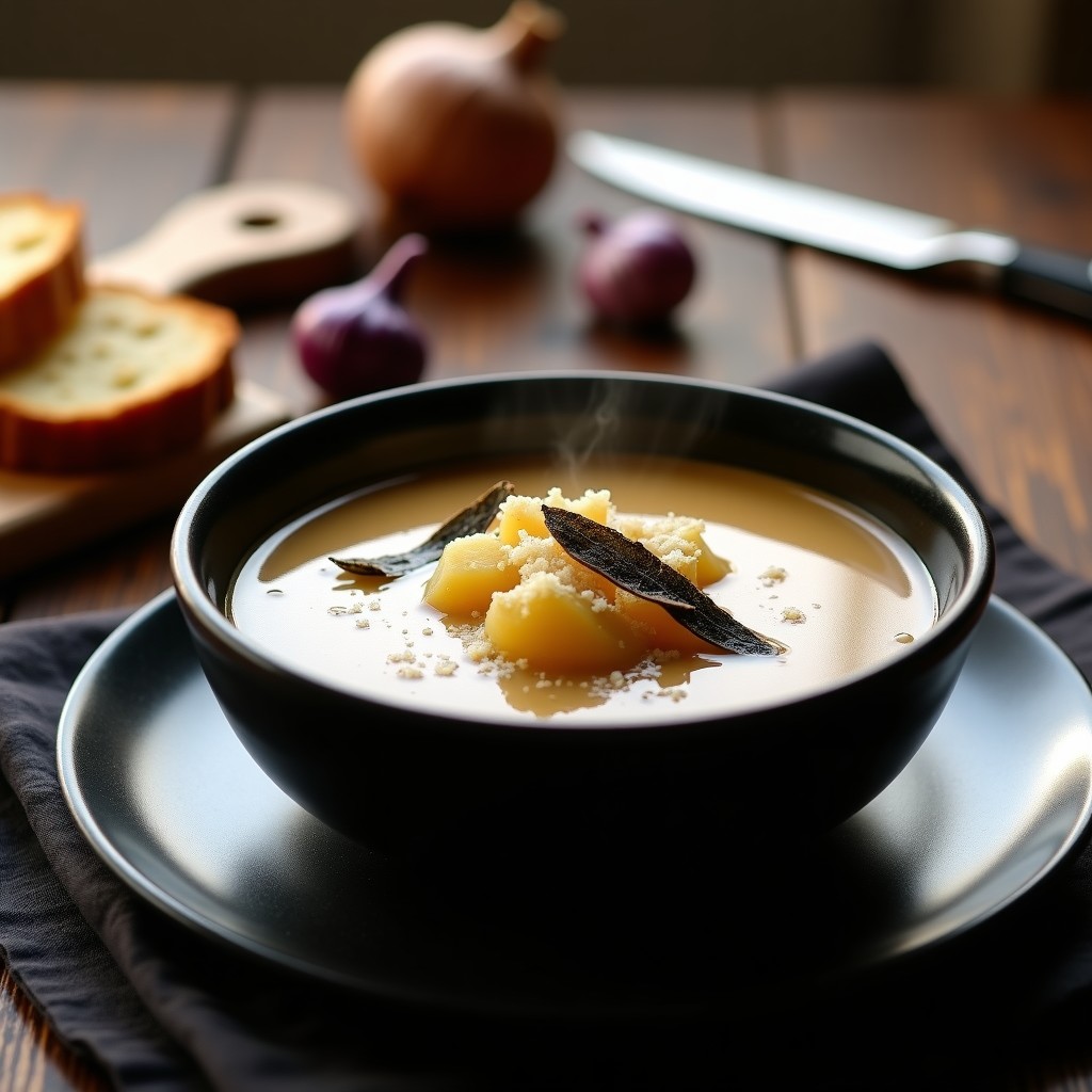 Cuenco de cerámica negra con sopa cremosa de ajo negro y patata, coronada con virutas de trufa negra, pan tostado y queso parmesano rallado. Fondos borrosos de ingredientes como cebolla morada y ajo negro.