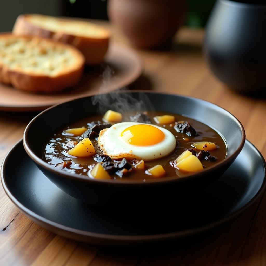 Cuenco de cerámica negra con sopa de ajo negro ultracremosa, coronada por un huevo pochado con yema líquida y rebanadas de pan rústico tostado. Receta de sopa de ajo negro en Thermomix.