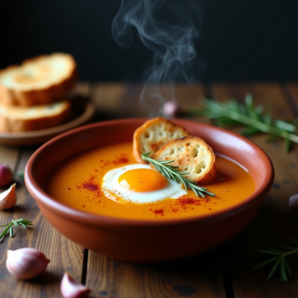Cuenco de barro humeante con sopa de ajo rojo asado ultracremosa, rebanadas de pan tostado y huevo poché, espolvoreado con pimentón de la Vera sobre fondo rústico de madera.