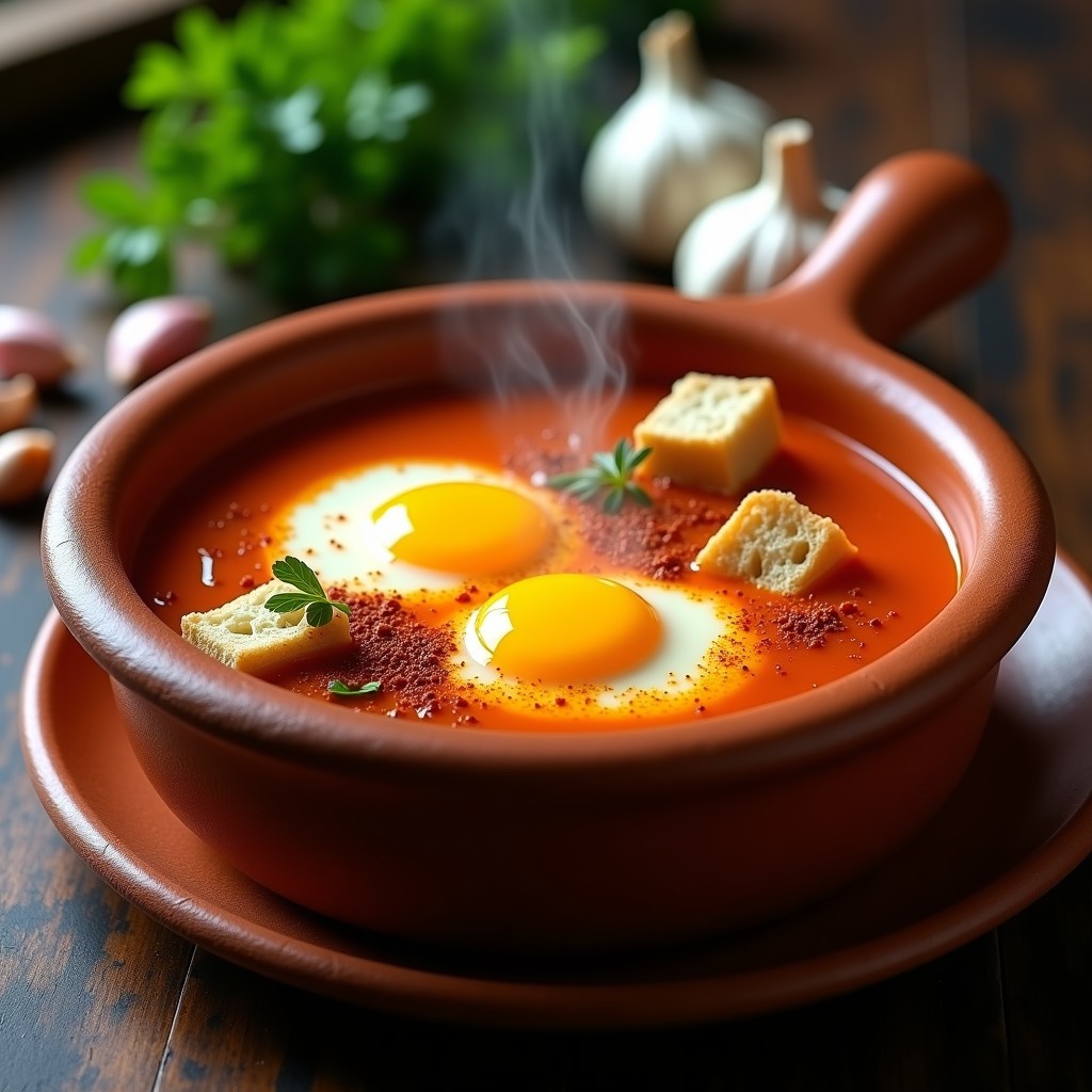 Cazuela de barro humeante con sopa de ajo rojo asado, huevos pocheados y pan dorado, espolvoreada con pimentón ahumado y aceite de oliva virgen extra.