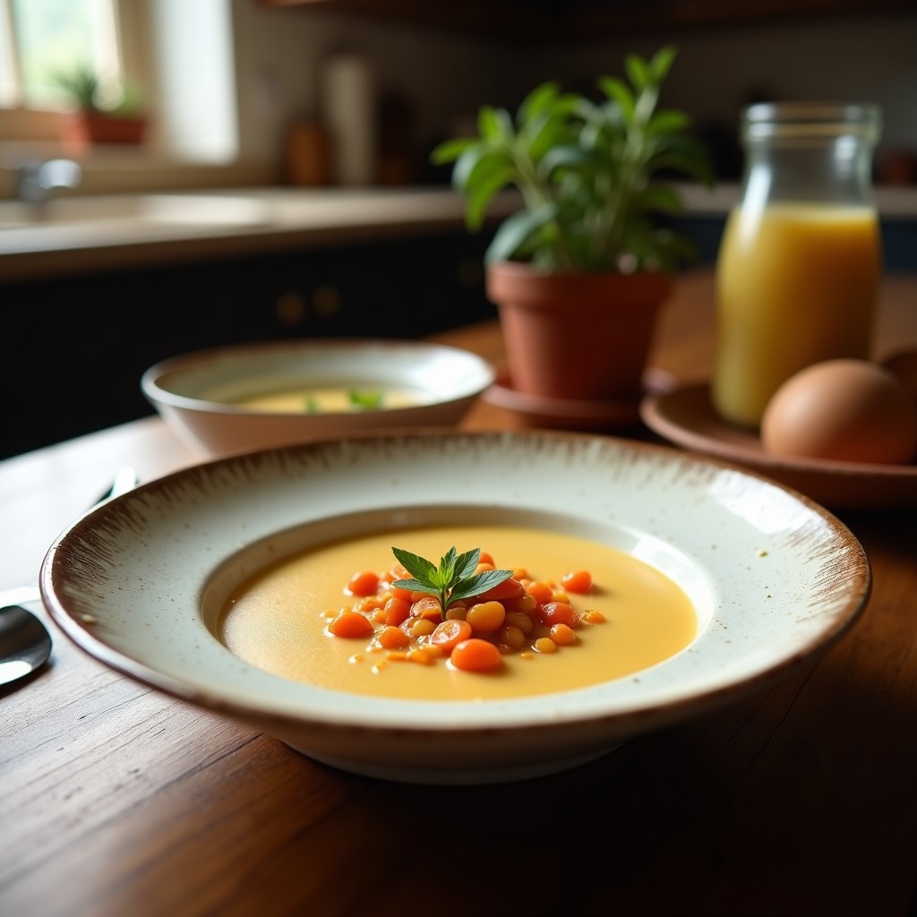 Cuenco blanco con sopa ajoblanco vegana fría, cremosa y de color beige, decorada con uvas moscatel troceadas y tiras de pimiento verde sobre fondo rústico de madera.
