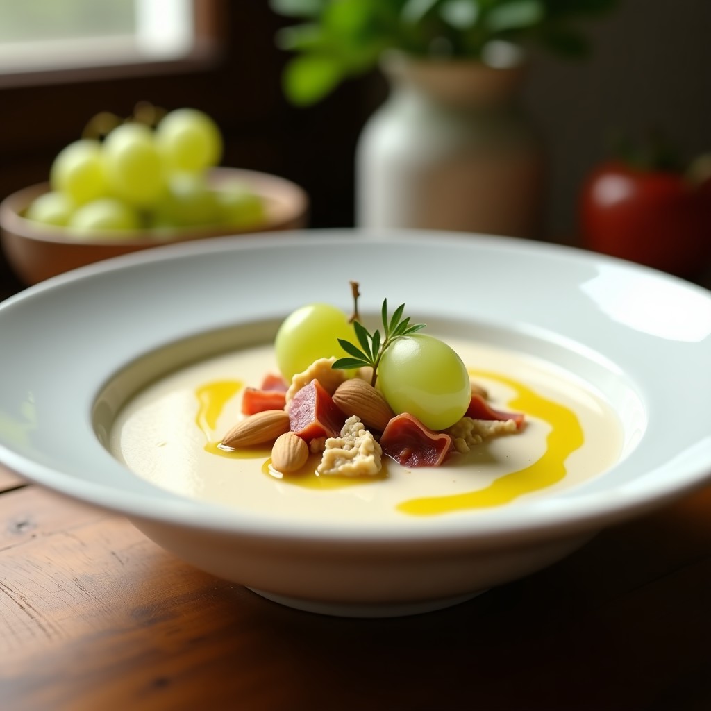 Cuenco de cerámica blanca con sopa ajoblanco andaluz cremosa, decorada con uvas verdes, taquitos de jamón serrano y un hilo de aceite de oliva virgen extra, sobre fondo rústico de madera.