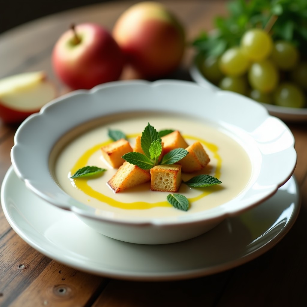 Cuenco blanco con sopa ajoblanco cordobesa cremosa, decorada con croutons dorados, uvas blancas, cubos de manzana verde y hojas de menta. Fondo rústico de madera con aire veraniego.