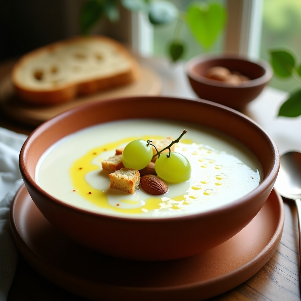 Cuenco de barro rústico con sopa ajoblanco cordobés fría, cremosa y blanca, decorada con uvas verdes y trozos de pan tostado crujiente, sobre fondo de madera con luz natural.