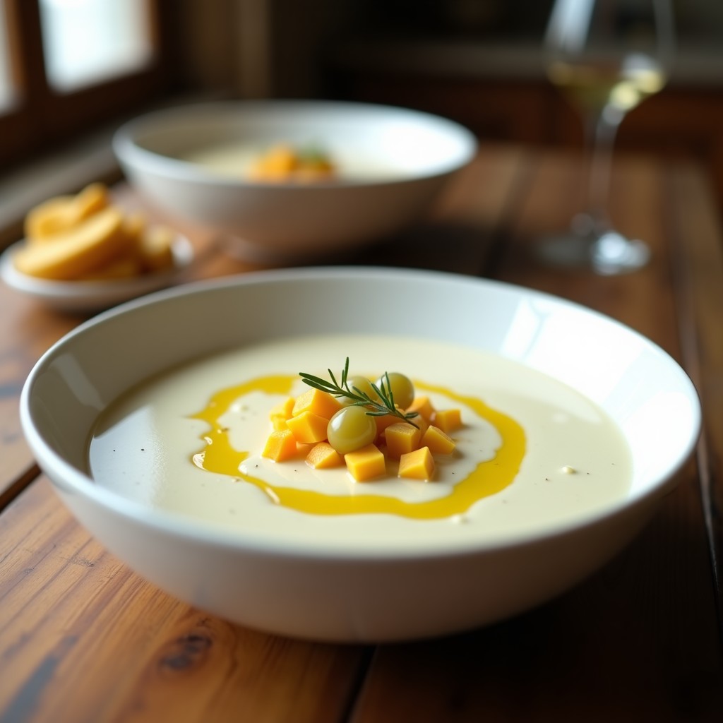 Cuenco blanco con sopa ajoblanco cordobesa cremosa, decorada con huevo duro picado, uvas moscatel y chorrito de aceite de oliva virgen extra, sobre fondo rústico de madera.