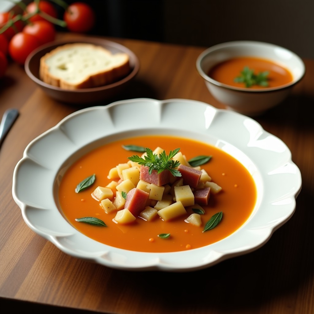 Tazón de cerámica blanca con sopa de alcachofa y jamón ibérico cremosa, decorada con perifollo fresco y un hilo de aceite de oliva, sobre fondo rústico de madera.