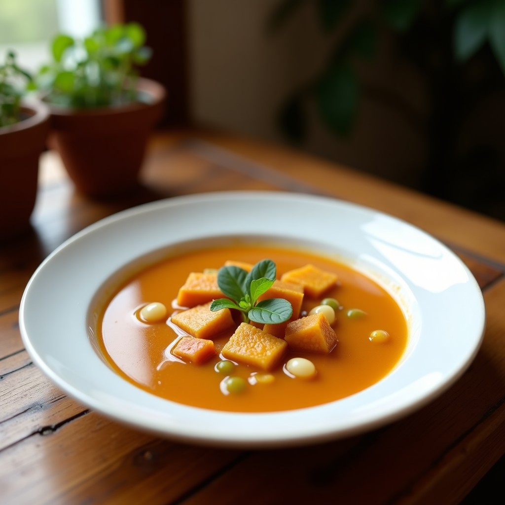 Plato hondo de cerámica blanca con sopa de algas dulse y calabacín detox, servida con perejil fresco y una rodaja de limón. Fondo rústico con textura de madera oscura.