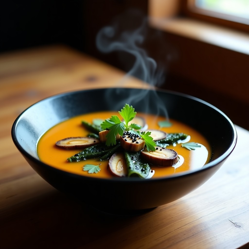 Tazón de sopa keto humeante con algas wakame verdes, láminas de champiñones portobello, semillas de sésamo y cilantro fresco, servida en cuenco de cerámica negra con fondo rústico.
