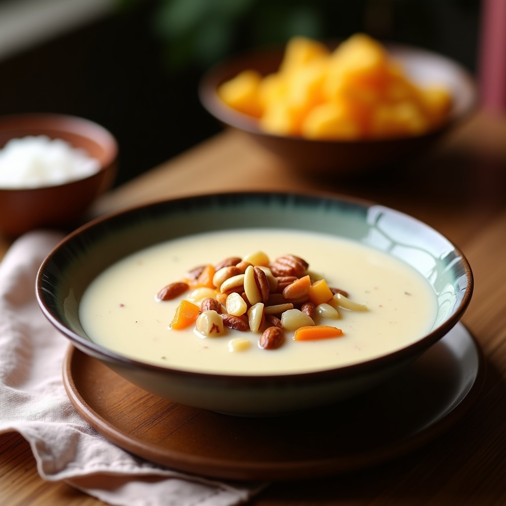 Cuenco hondo de porcelana blanca con sopa de algodón de azúcar y coco tailandesa, mostrando el algodón esponjoso semifundido en un líquido cremoso de color marfil, decorado con anacardos tostados, almendras fileteadas y semillas de sésamo negro, sobre un fondo de madera oscura con hierbas frescas de lemongrass.