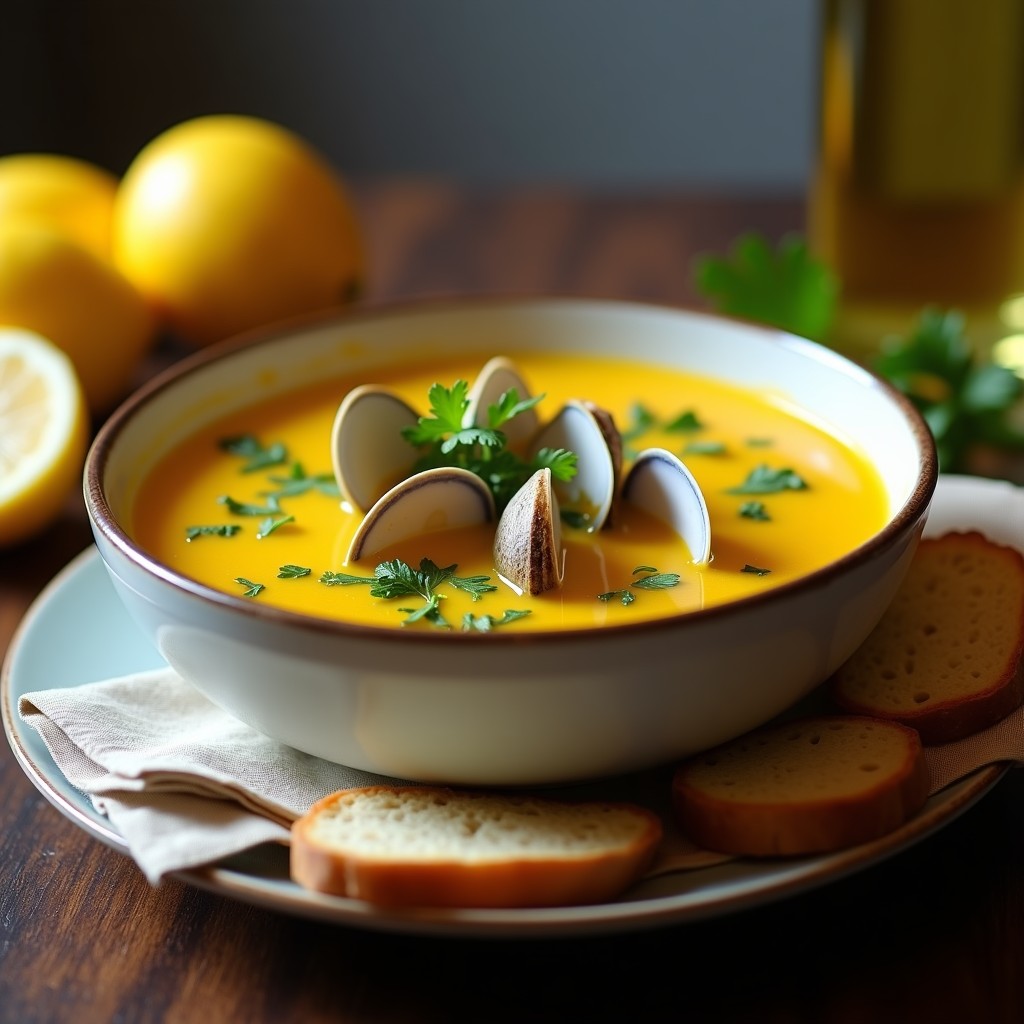 Cuenco hondo de cerámica blanca con sopa de almejas y limoncello, caldo dorado y almejas abiertas, decorado con perejil fresco y rodajas de limón, sobre fondo rústico de madera con pan tostado al lado.