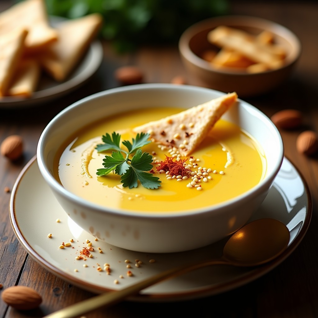 Plato hondo de cerámica blanca con sopa árabe cremosa de almendras y azafrán, decorada con perejil fresco, semillas de sésamo y crujiente de pan pita dorado. Fondos de especias y texturas terrosas.