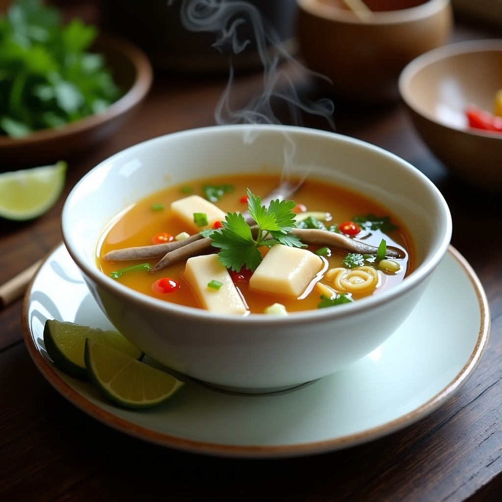 Cuenco hondo de cerámica blanca con sopa vietnamita de anguila ahumada y lemongrass, caldo dorado y aromático con trozos de anguila, tofu, shitakes y hierbas frescas como cilantro y cebollino. Fondos de tallos de lemongrass y rodajas de chile rojo flotando. Presentación rústica y apetecible sobre mesa de madera oscura.