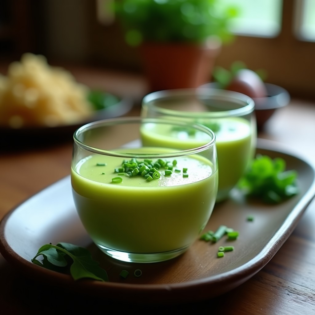 Copas de cristal transparente con espuma verde aireada de sopa de curry tailandés, decorada con cebollino y cilantro, servida sobre bandeja de madera oscura.
