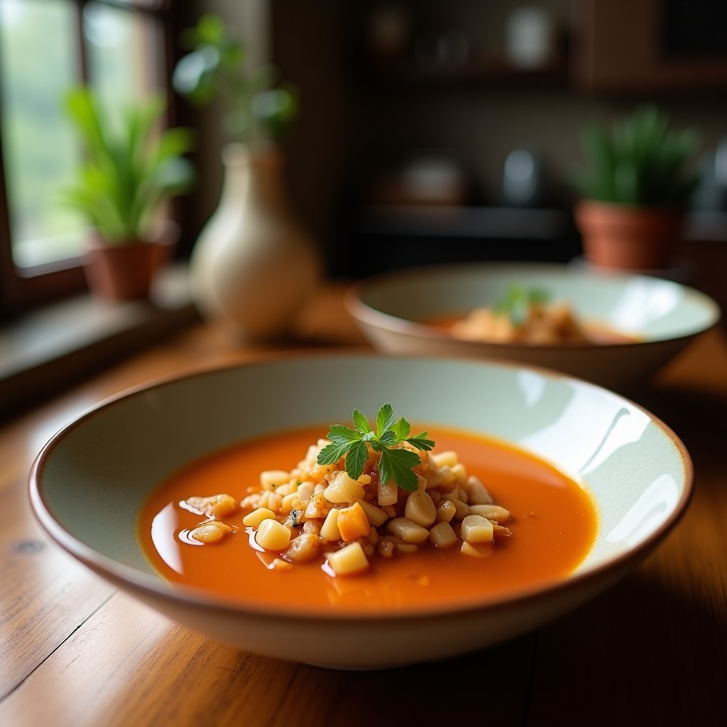 Bowl de sopa Ayam Betawi indonesia en airfryer, cremosa con trozos de pollo, leche de coco, decorada con cebolla frita y cacahuetes, sobre fondo rústico de madera.