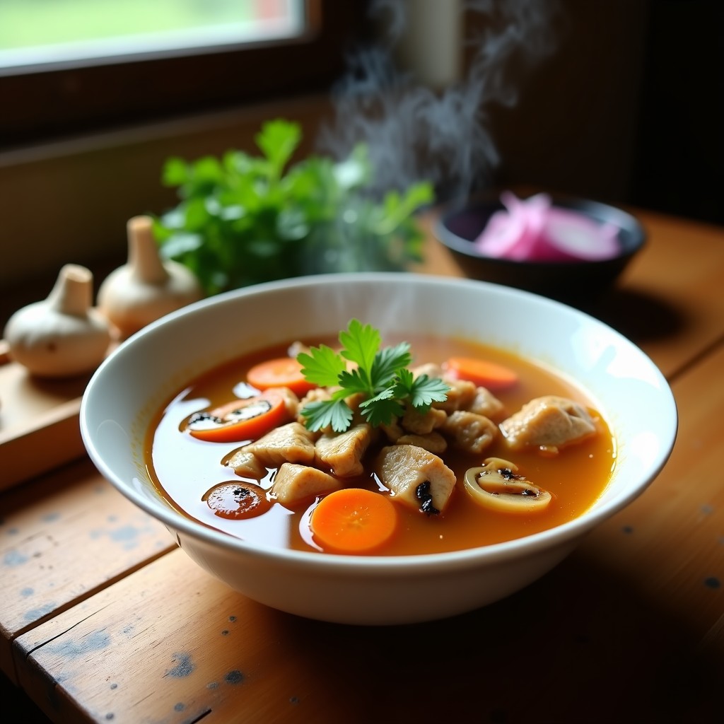 Cuenco hondo de cerámica blanca con sopa Ayam Jamur indonesia, polvo con trozos de pollo, hongos shiitake, zanahoria y cilantro fresco, servida en mesa rústica.