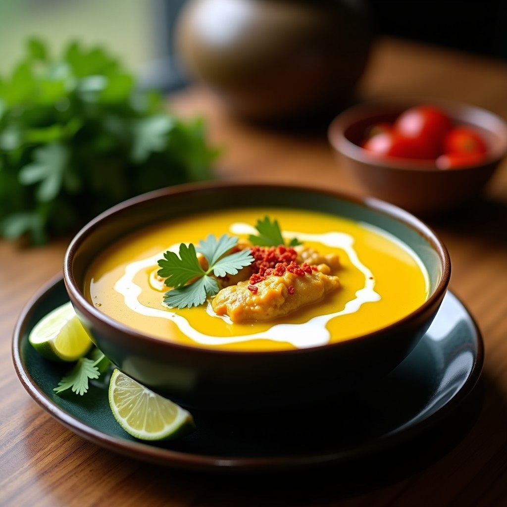 Cuenco hondo de cerámica oscura con sopa ayam kuning indonesia, pollo dorado en trozos, caldo amarillo intenso con cúrcuma y jengibre, decorado con cilantro fresco y rodajas de lima, sobre fondo rústico de madera.