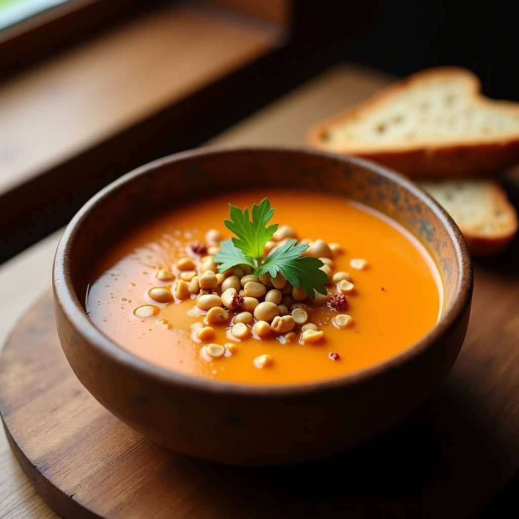 Plato hondo de barro con sopa de batata y maní con chile pasilla, de color naranja intenso y textura cremosa, decorada con maní tostado picado y hojas de cilantro fresco. Fondo rústico con pan integral al lado.