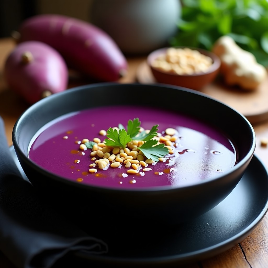 Cuenco de cerámica negro con sopa de batata morada y cacahuete con jengibre, cremosa y de color violeta intenso, decorada con cilantro fresco, cacahuetes picados y un hilo de aceite de oliva. Plato tradicional peruano antiinflamatorio servido sobre una mesa de madera rústica.