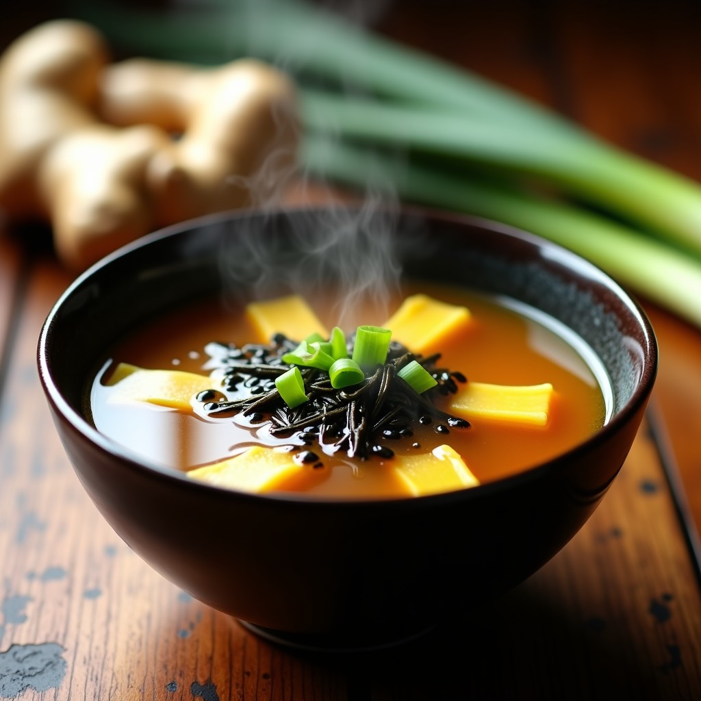 Cuenco hondo de cerámica oscura con sopa de bone broth humeante, rodajas translúcidas de raíz de loto, trozos de zanahoria y apio, decorado con cilantro fresco y semillas de sésamo tostadas. Plato detox chino en olla exprés para inmunidad.
