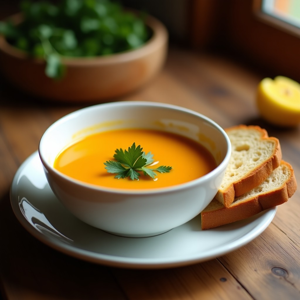 Plato hondo de barro con sopa cremosa de color naranja intenso, decorada con hojas verdes de huacatay y un hilo de aceite de oliva. En primer plano, cacahuates tostados y trozos de calabaza butternut asomando entre la cremosidad. Fondos borrosos de cocina rústica con especias peruanas.