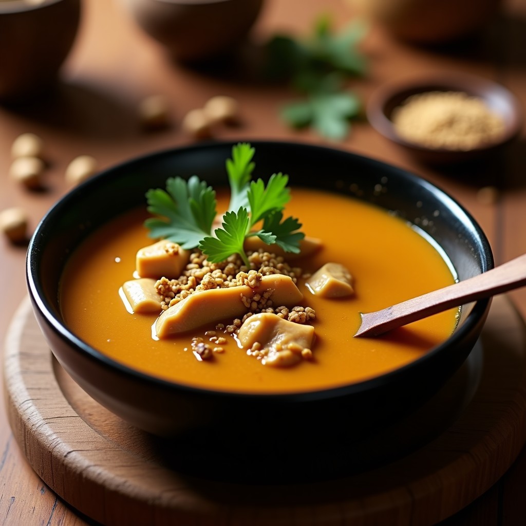 Cuenco hondo de cerámica negra con sopa de cacahuete africana y pollo, espolvoreada con cilantro fresco y trozos de cacahuete tostado. Fondo borroso con especias y una cuchara de madera. Receta olla express rápida y reconfortante.