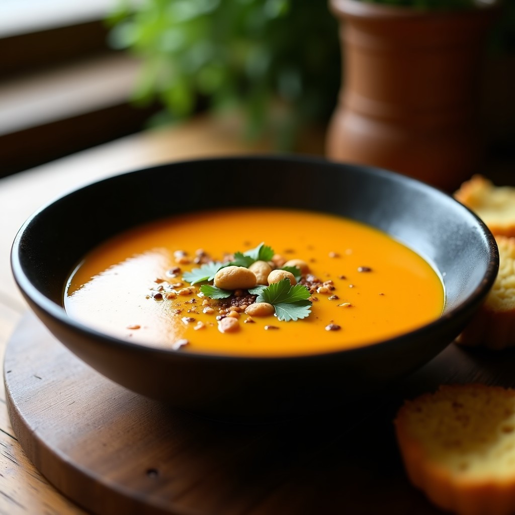 Cuenco de barro negro con sopa de cacahuete y calabaza butternut africana, decorada con cilantro fresco y semillas de cacahuete tostadas. Textura cremosa y color anaranjado intenso, servida sobre una mesa de madera rústica con un trozo de pan de maíz al lado.