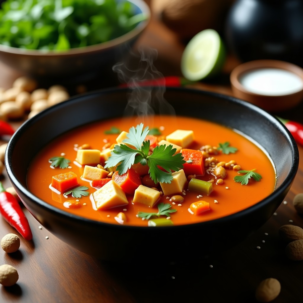 Plato hondo de cerámica negra con sopa tailandesa keto de cacahuete y vegetales, cubos de tofu dorado, cremosa base de leche de coco y decoración de cilantro fresco y semillas de sésamo. Fondos de ingredientes como cacahuetes, chile rojo y limón.
