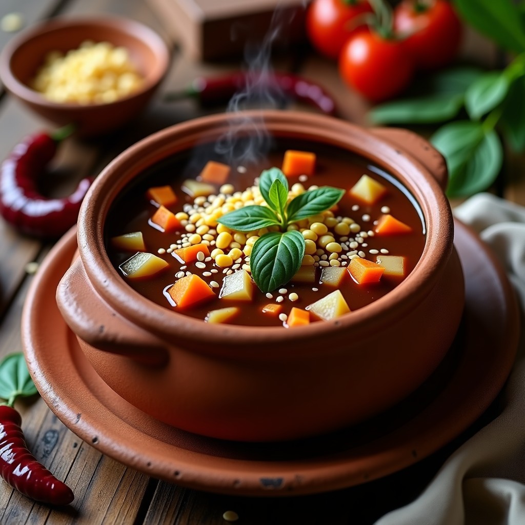Plato hondo de barro con sopa de cacao y chile pasilla vegana, de color oscuro y textura cremosa, decorada con hojas de cilantro fresco y acompañada de tortillas de maíz.