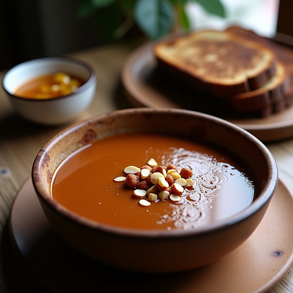 Cuenco hondo de barro con sopa de cacao y pimiento choricero, de color marrón intenso y textura cremosa, decorada con almendras tostadas picadas y un hilo de aceite de oliva virgen extra. Fondo rústico con pan de centeno tostado.