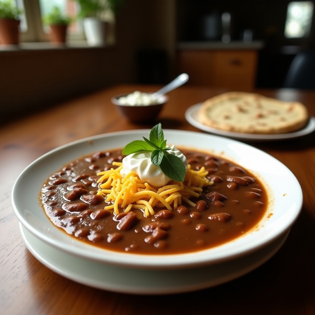 Sopa de cacao y pollo oaxaqueña en olla exprés, servida en un cazuela de barro con pollo desmenuzado, espuma oscura de cacao y decoración de epazote fresco. Plato tradicional mexicano con toques especiados y terrosos.
