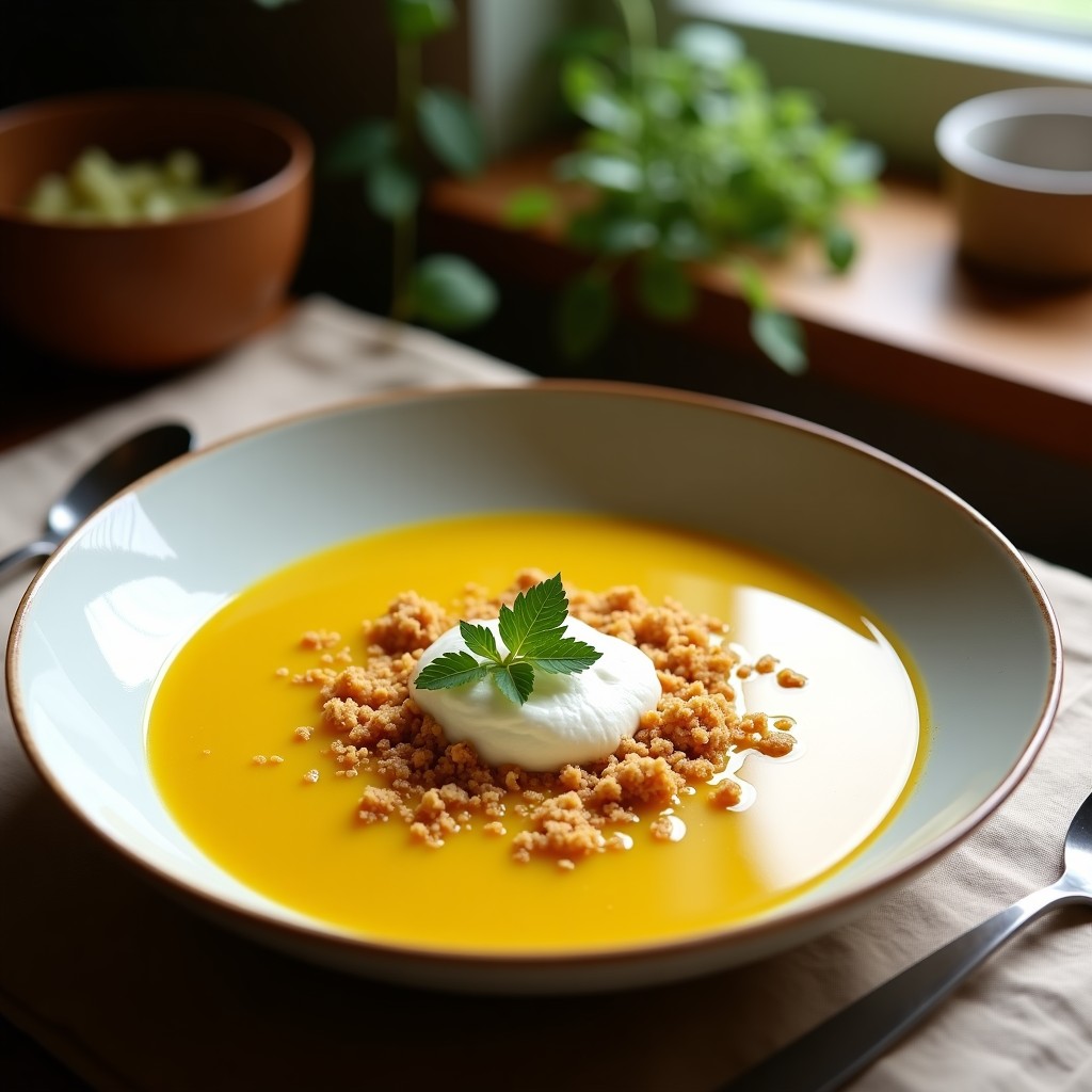 Cuenco hondo de cerámica blanca con sopa de calabacín y cúrcuma de color dorado, decorada con crujiente de coco tostado y hojas de cilantro fresco. Fondo rústico con textura de madera y luz natural suave.