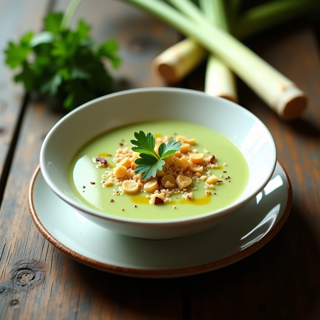 Cuenco de cerámica negra con sopa cremosa de calabacín y jengibre, decorada con láminas de calabacín, coco rallado tostado dorado y hojas de cilantro fresco. Fondo con textura de madera y hierba limón al lado, receta tailandesa depurativa en Thermomix.