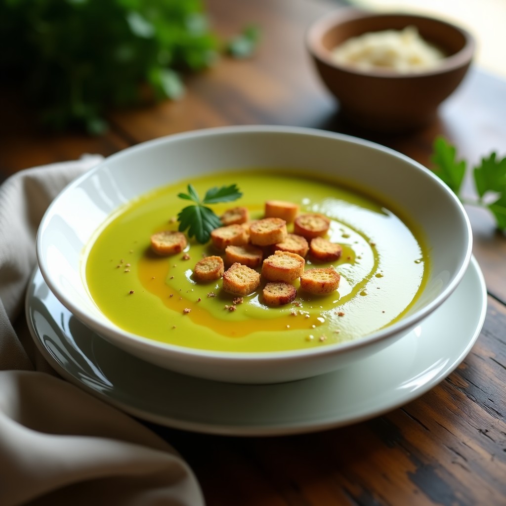Cuenco blanco hondo con sopa cremosa de calabacín y jengibre, decorada con crutones dorados de almendra y un hilo de aceite de oliva. Plato detox en Thermomix sin lactosa, con fondo de mesa de madera rústica.