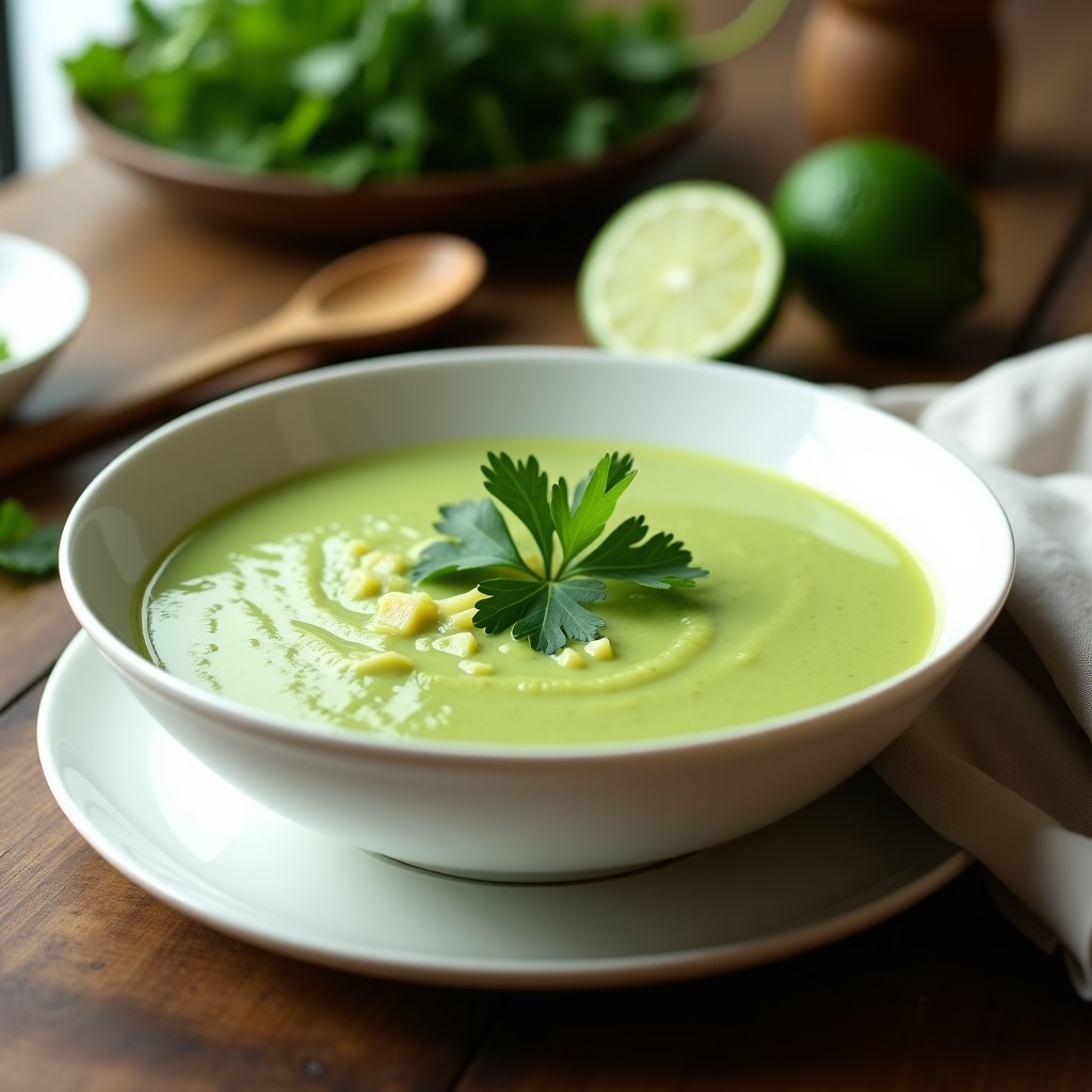 Cuenco blanco con sopa de calabacín y jengibre de color verde claro, decorada con hojas de cilantro fresco y rodajas de lima al lado. Fondo de madera rústica con una cuchara de madera y un paño de lino.