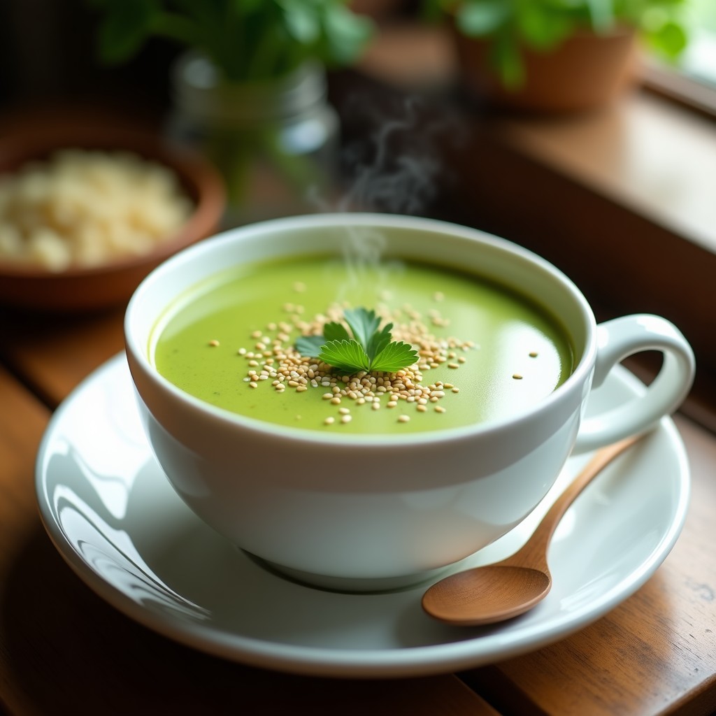 Taza blanca humeante con sopa cremosa de calabacín y jengibre, decorada con semillas de sésamo y hojas de cilantro fresco, sobre fondo de madera rústica. Receta detox en microondas.