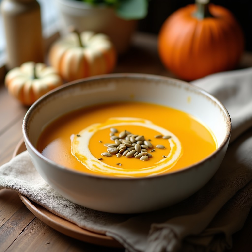 Cuenco de cerámica blanca con sopa de calabaza y apio cremosa, decorada con semillas de calabaza tostadas y un hilo de aceite de oliva virgen extra, sobre fondo rústico de madera.