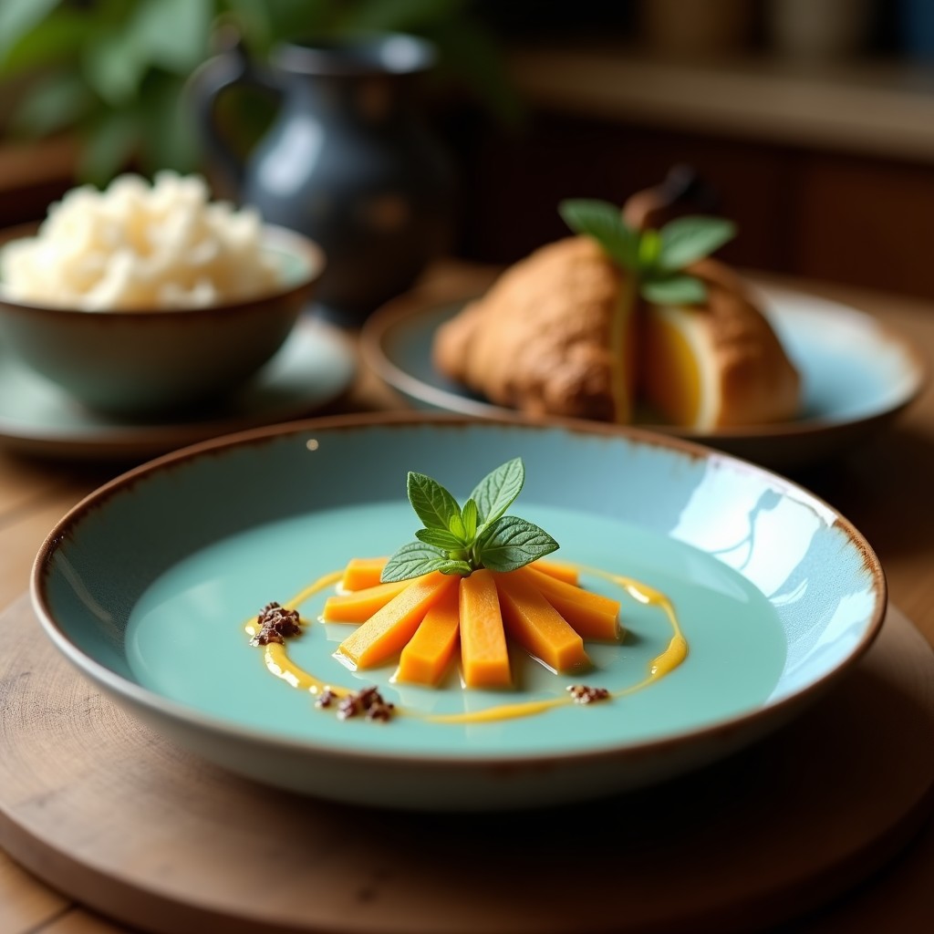 Cuenco de cerámica blanca con sopa de calabaza azul y coco, color azulado intenso, decorada con cilantro fresco y un hilo de leche de coco, fondo rústico de madera.