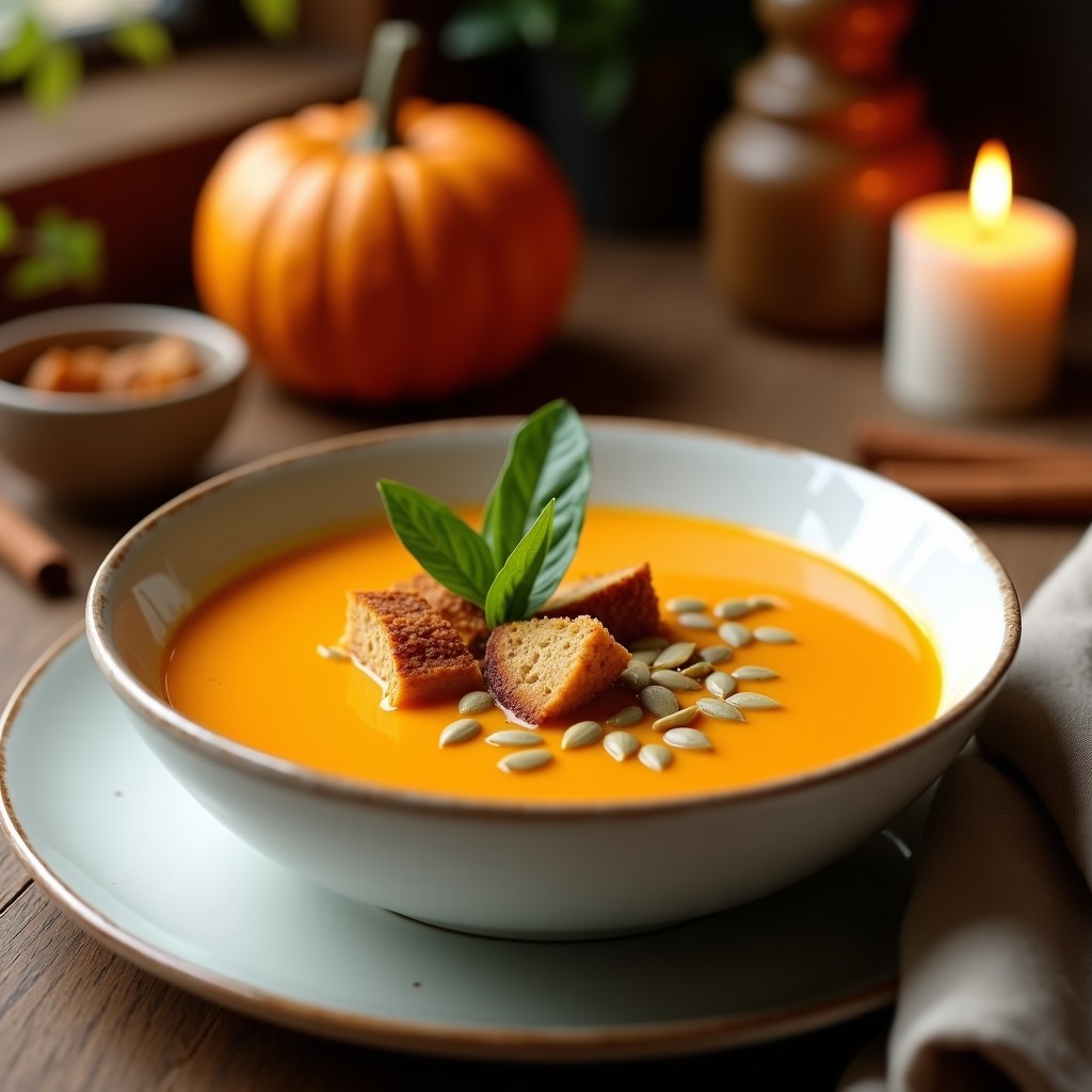 Cuenco hondo de cerámica blanca con sopa de calabaza butternut y jengibre de color naranja brillante, coronada con crutones dorados de pan de centeno, semillas de calabaza tostadas y hojas de albahaca fresca. Fondo de mesa de madera rústica con velas y especias.