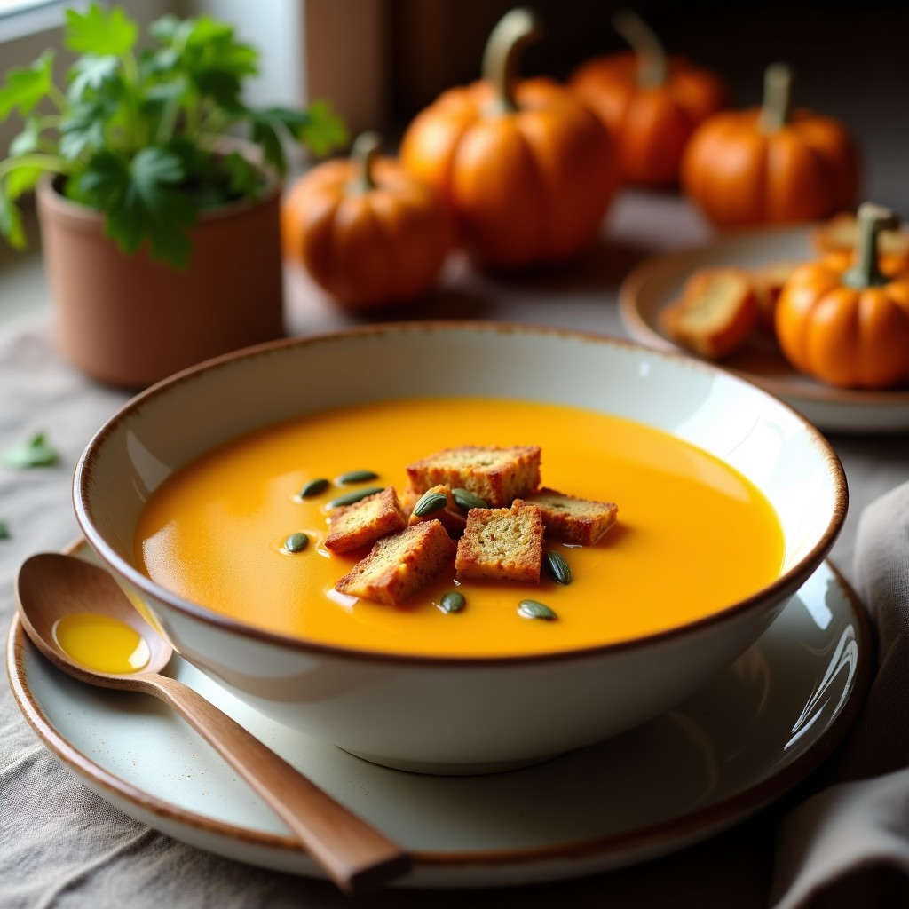 Plato hondo de cerámica blanca con sopa de calabaza butternut y jengibre de color naranja intenso, decorada con crutones dorados de pan de almendra, semillas de calabaza y perejil fresco. Fondo rústico con un hilo de aceite de oliva virgen extra.