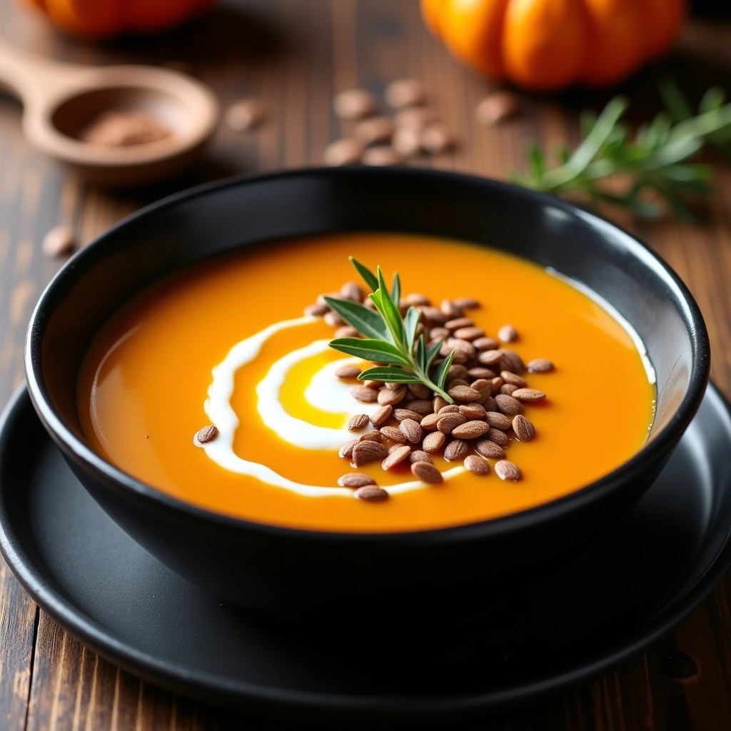 Cuenco de cerámica negra con sopa de calabaza y cacao ahumado, decorada con crema de coco, semillas de calabaza y un hilo de aceite de oliva, sobre fondo rústico de madera.